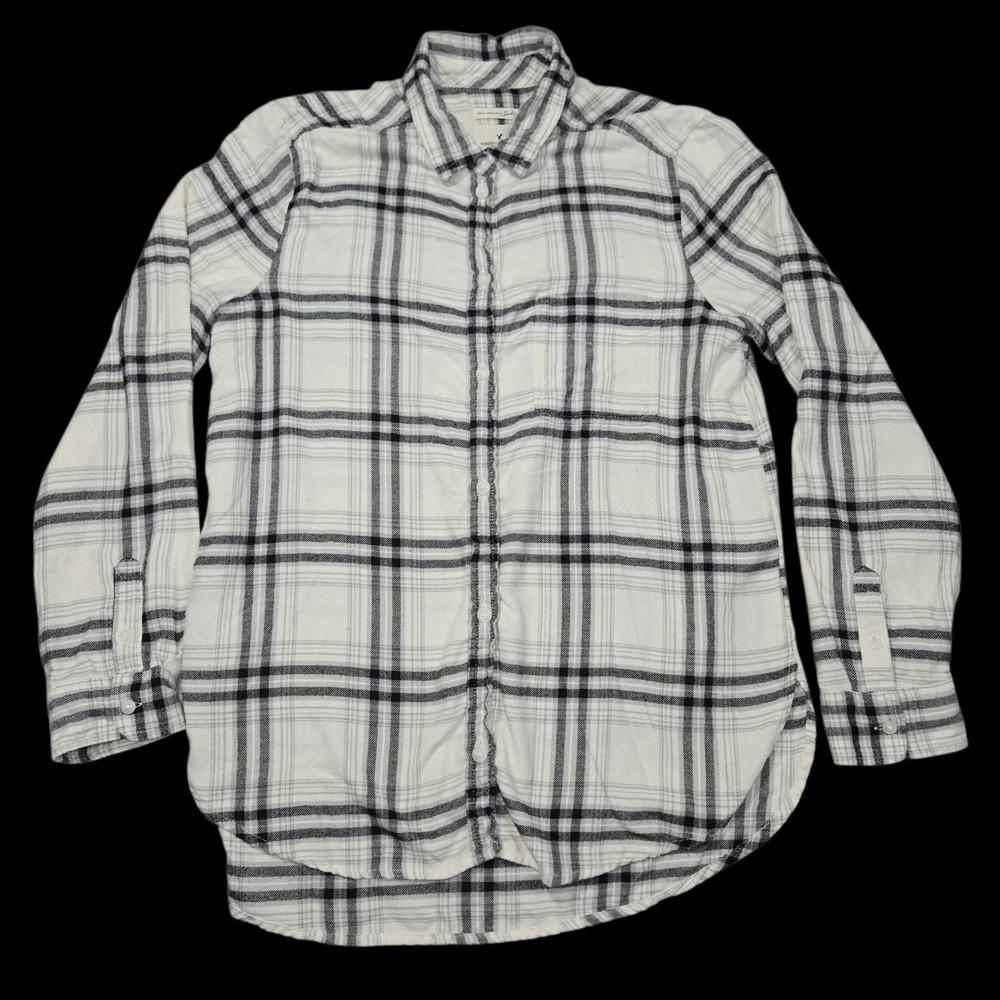 American Eagle Boyfriend Fit Flannel Shirt White Black Plaid Sz M